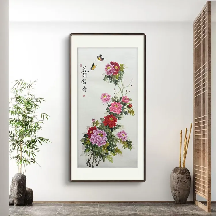 《花开富贵》纯手绘四尺竖幅牡丹花玄关挂墙厅堂走廊国画挂画作品