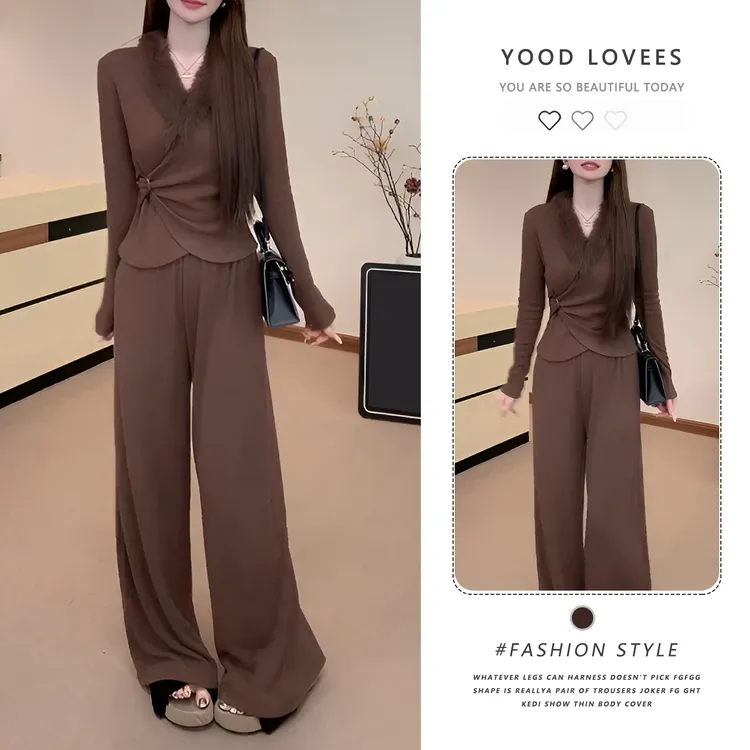 小众设计感扭结拼接V领长袖收腰上衣高腰宽松阔腿裤直筒裤套装女