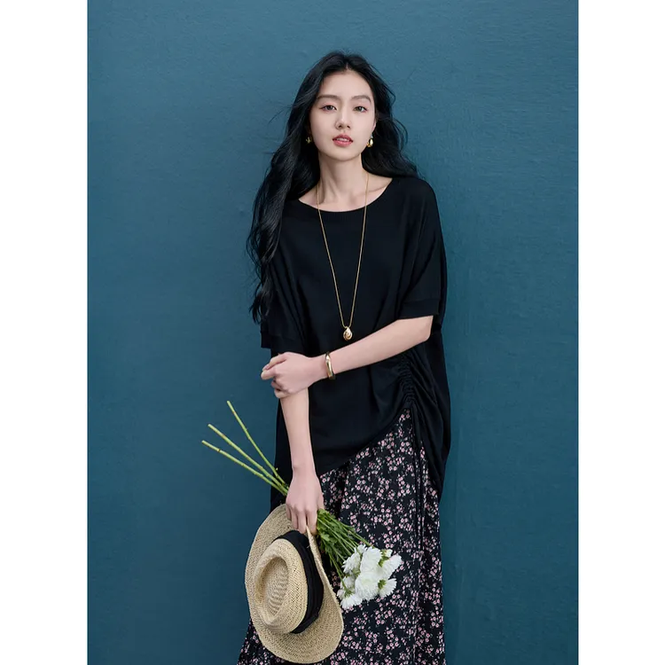 三彩2025秋季新款碎花裙套装抽绳莱赛尔针织衫宽松半身裙长裙S