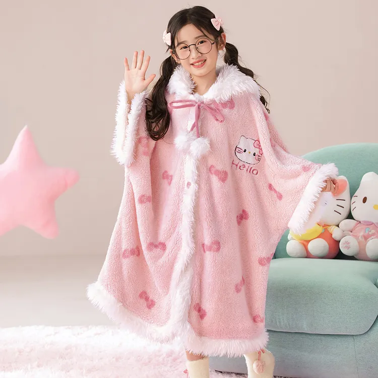 女童珊瑚绒睡袍秋冬季加厚新款小女孩宝宝法兰绒斗篷披肩儿童睡衣