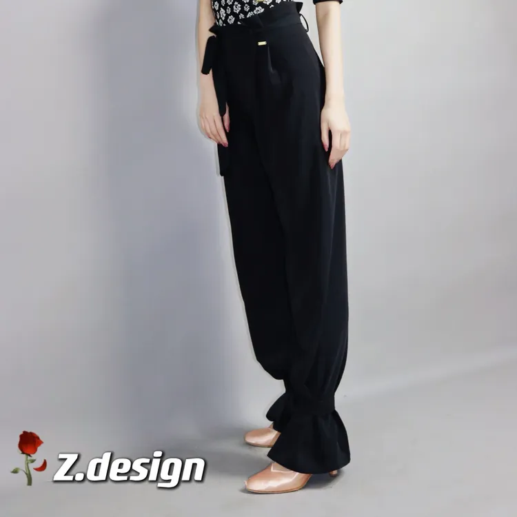 春夏黑色高腰宽松花苞束脚裤裤脚小喇叭透气舒适摩登舞练功服显瘦