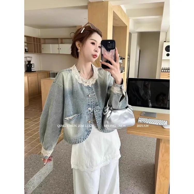 好品质蕾丝花边牛仔外套女拼接圆领欧洲站春季新款时尚牛仔短外套