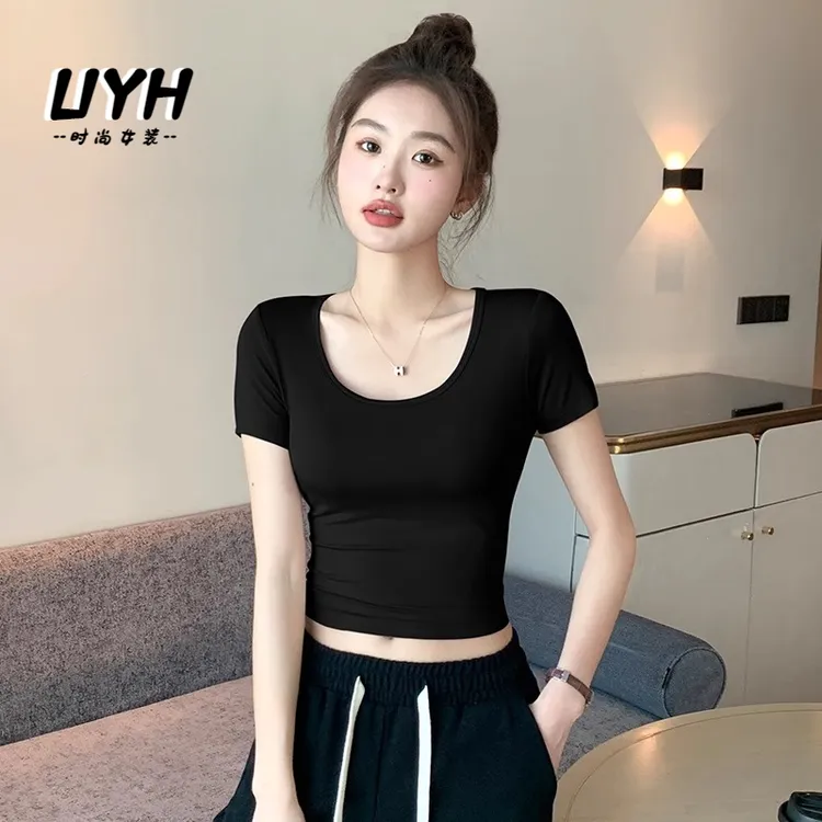 UYH黑色莫代尔短款T恤女夏U领短袖高腰露脐紧身上衣薄款冰丝面膜