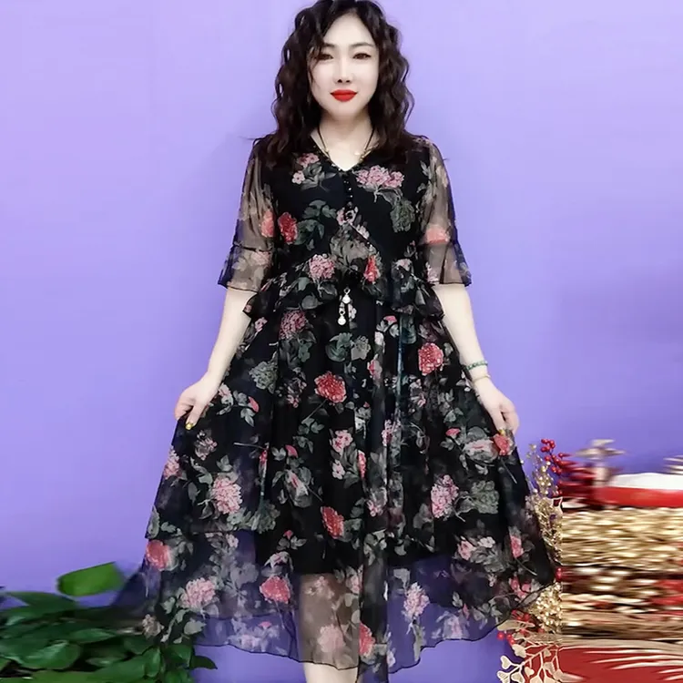 夏季新款碎花显瘦气质洋气连衣裙遮肚妈妈装减龄宽松中长款裙子女