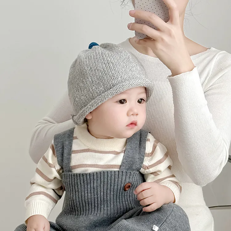 韩国宝宝帽子秋冬款复古简约卷边针织帽男女童洋气百搭儿童毛线帽