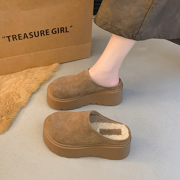 7CM 加绒 超火法式松糕博肯包头半拖鞋女2025秋冬小个子懒人拖鞋