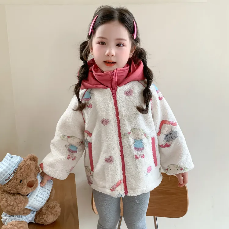 女童假两件毛毛衣外套2025新款女宝宝休闲连帽上衣卡通保暖棉服潮