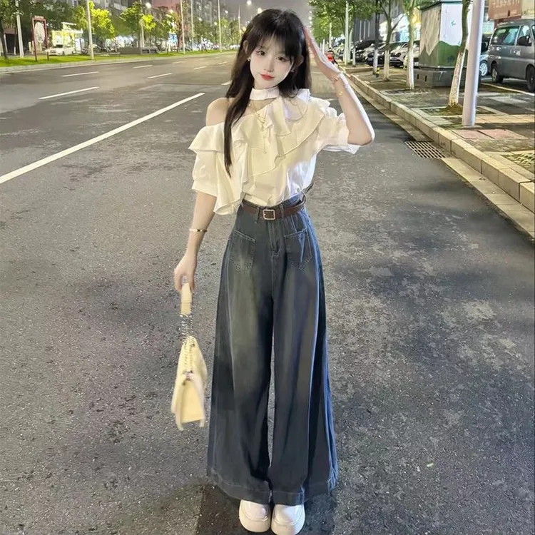 荷叶边挂脖露肩短袖衬衫+高腰显瘦牛仔拖地阔腿裤套装女