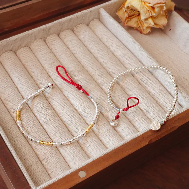 925银手链 s925通体纯银平安喜乐银珠手链手工红绳银盘缠手链