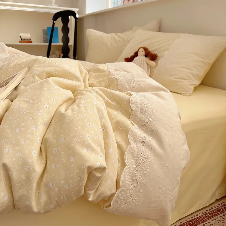温暖公主风花朵朵黄花边加厚磨毛四件套纯棉100%全棉被套床单床笠