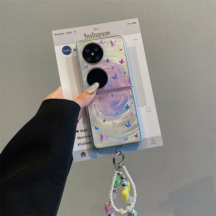 紫色渐变旋涡纹梦幻蝴蝶适用华为pocket2手机壳小米MIXFlip手提链