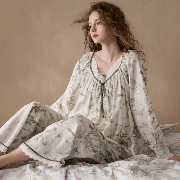 尘熙防凸点法式碎花田园风纯棉长袖睡衣v领宽松印花家居服套装秋