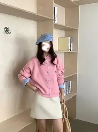 韩系早秋复古穿搭灰色翻领针织开衫新款慵懒风宽松显瘦毛衣外套女