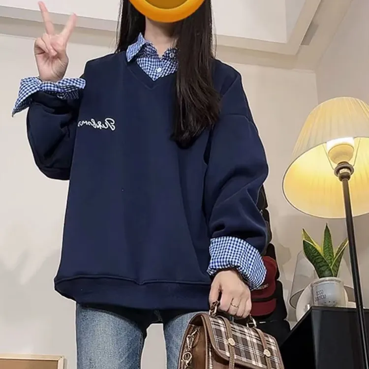 初中生女高中15岁17学院风格子拼接翻领假两件卫衣休闲百搭上衣16