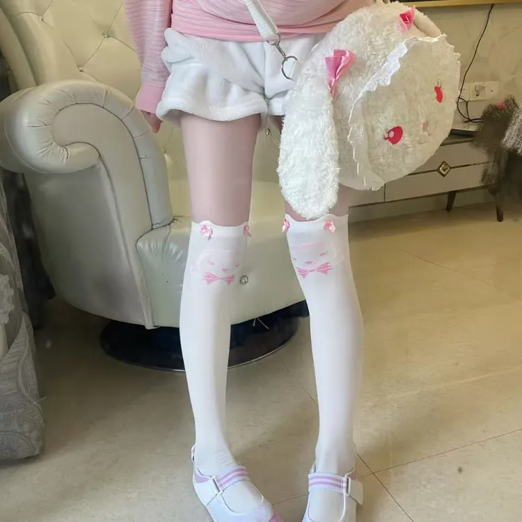 可爱卡通大腿袜粉兔蝴蝶结长筒袜子女纯欲少女心甜美过膝袜