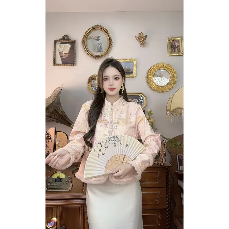 【795】新中式温柔风时尚气质女秋冬季复古国风甜美提花盘扣外套