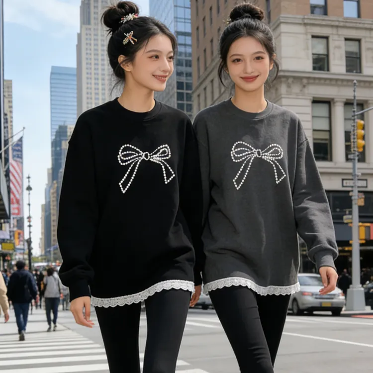 秋冬新款蝴蝶结蕾丝拼接德绒磨毛长袖T恤女装