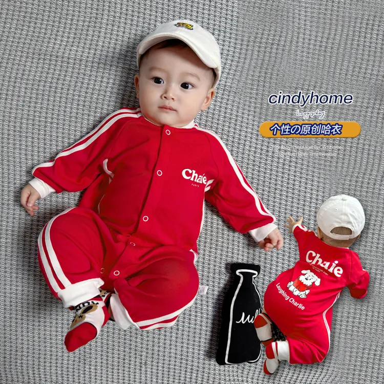 新款个性婴儿哈衣红色连体衣可爱小狗宝宝爬服潮酷新生儿外出服