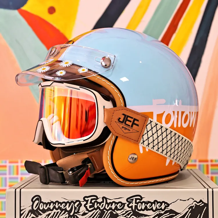 JEF台湾JEF头盔复古内置镜3/4盔男女士3C电动摩托车亲子盔四季
