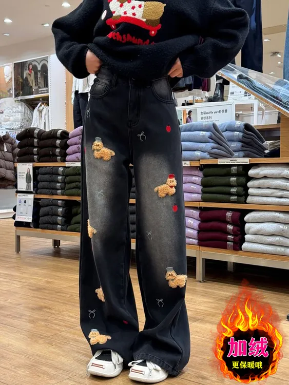 圣诞刺绣小狗牛仔裤女款加绒加厚冬季大码胖mm宽松窄版直筒阔腿裤