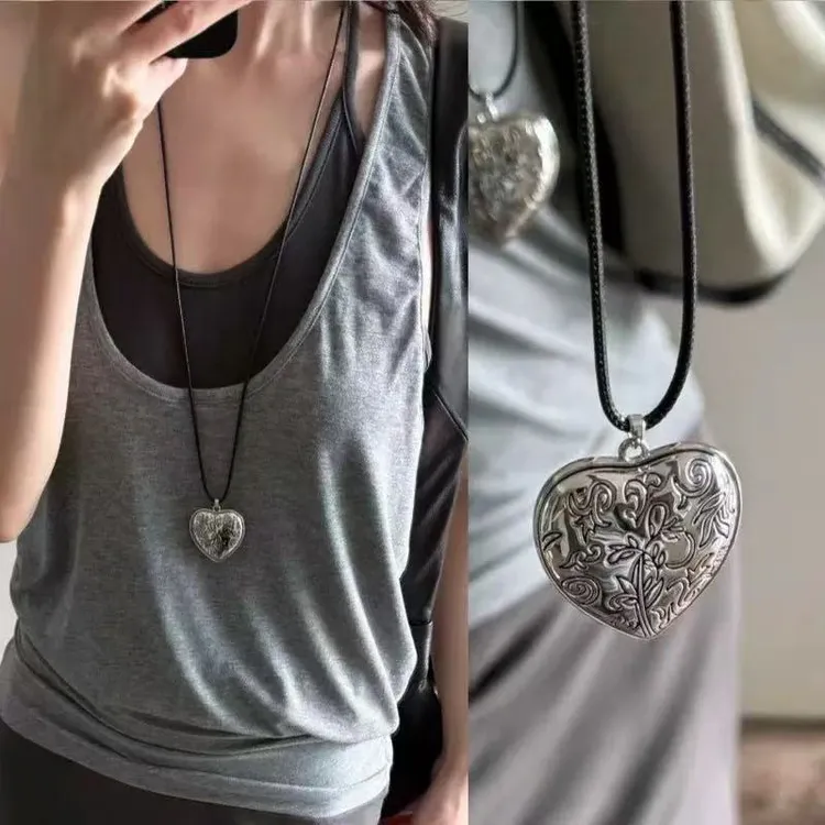 合金锦纶吊坠 雕刻爱心项链小众轻奢高级百搭个性新款锁骨链