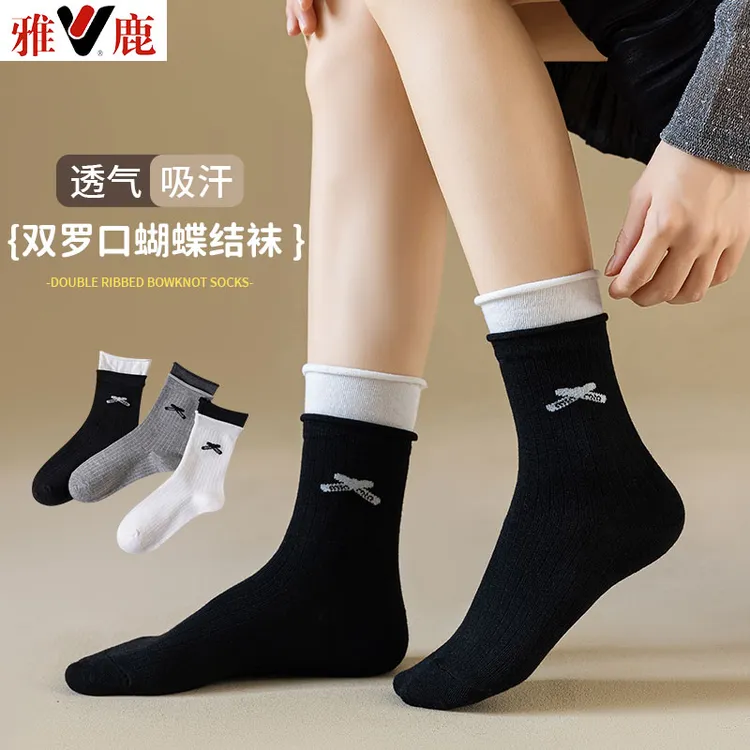 V/雅鹿蝴蝶结袜子女秋冬季中筒袜卷边双罗口ins潮秋天无骨堆堆袜