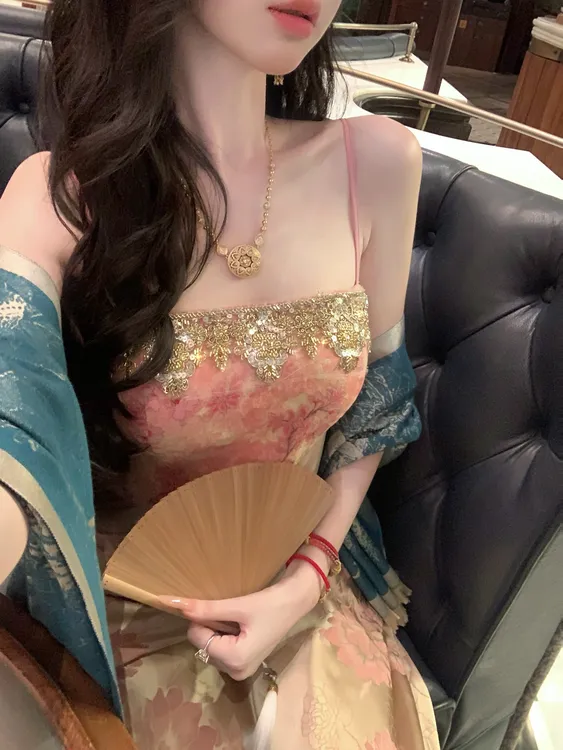 【雅乔定制】粉黛流光 富贵牡丹新中式国风吊带连衣裙DYYK-25072580