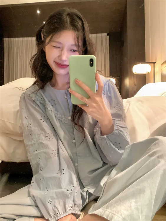 韩国ins甜美小香风睡衣女春季长袖长裤少女花边镂空休闲家居服薄