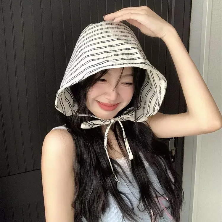 夏季女新款法式大檐渔夫帽小众条纹显脸小百搭遮脸水桶遮阳防晒帽