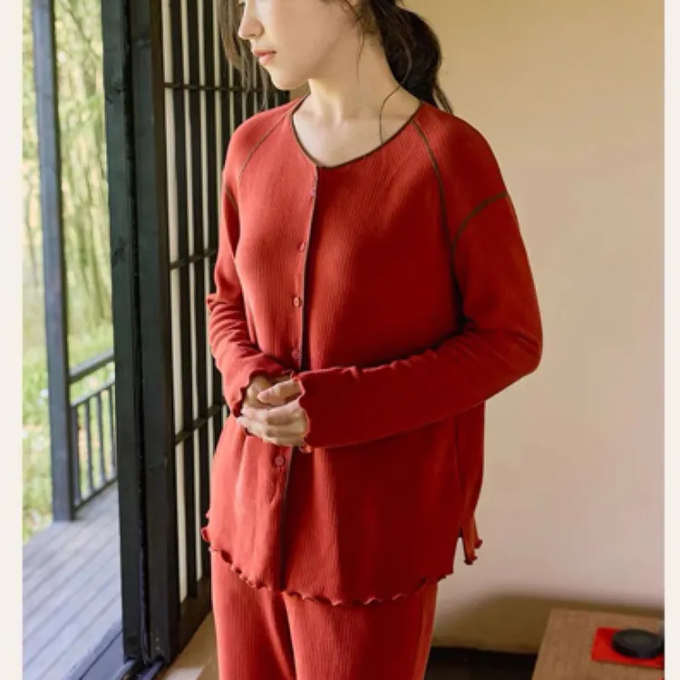 女士秋冬长袖针织柔软薄绒前扣保暖睡衣套装