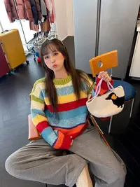 百搭慵懒风撞色毛衣针织条纹常规袖圆领拼色毛针织衫