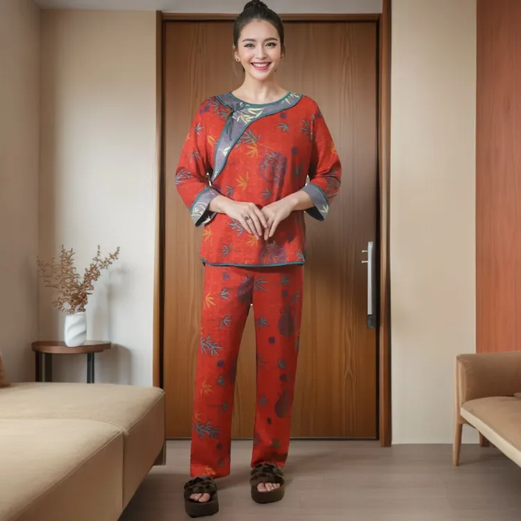 秋冬德绒国风汉服睡衣女套装大码家居服高弹宽松舒适遮肉中式