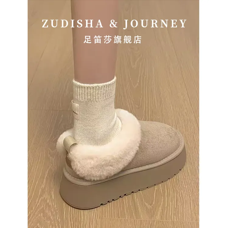 厚底加绒保暖低帮雪地靴女款2025新款冬季一脚蹬加厚面包毛毛棉鞋