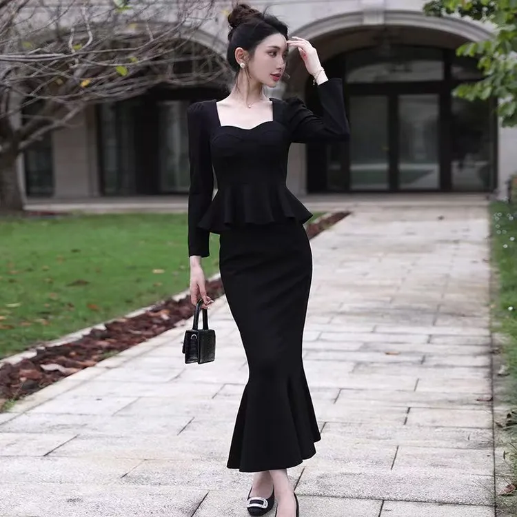 秋季新款女高定设计款赫本风两件套长袖套装鱼尾裙