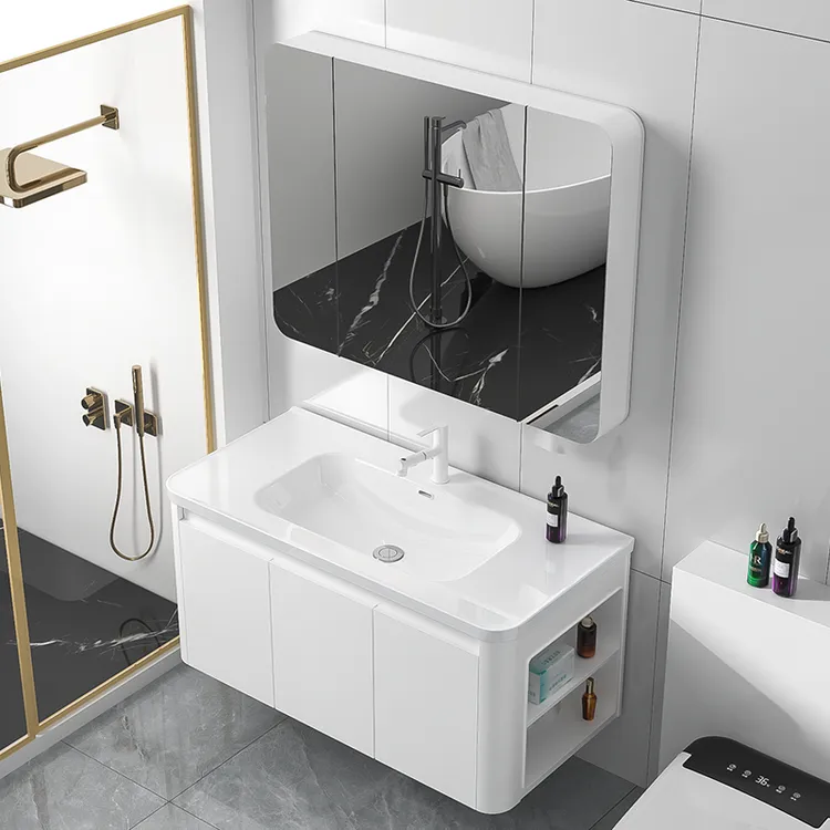 轻奢圆弧侧边柜蜂窝铝浴室柜左边右边卫生间洗手洗漱台陶瓷一体盆