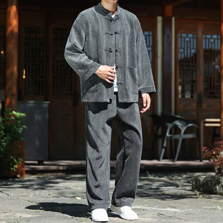 [中秋送礼]爸爸装休闲运动套装2025秋装唐装男款中式盘扣茶服一套