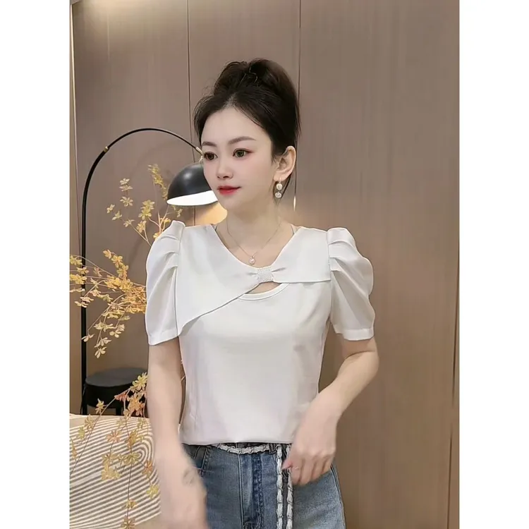 【4251】新品高品质蝴蝶结订珠泡泡短袖T恤百搭上衣