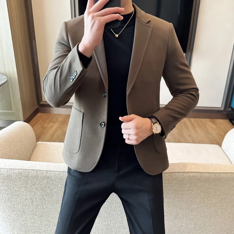 秋冬季韩版男士毛呢款修身外套男两粒扣西装潮流休闲加厚西服