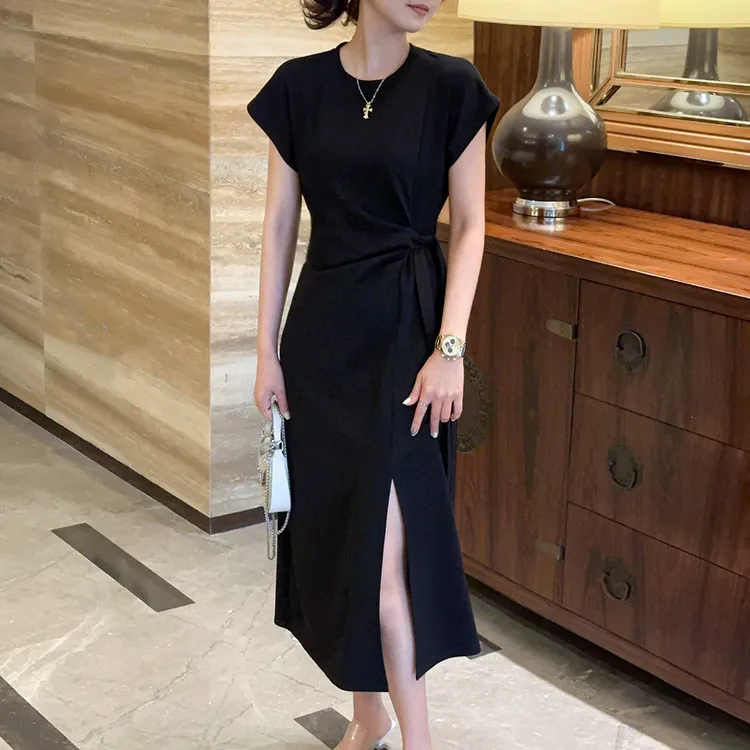 小个子法式2025新款黑色修身梨形身材收腰长裙开叉连衣裙子女夏季