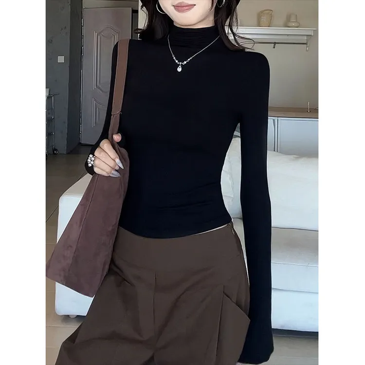 黑色半高领螺纹长袖t恤春秋季新款百搭打底衫女修身显瘦内搭上衣