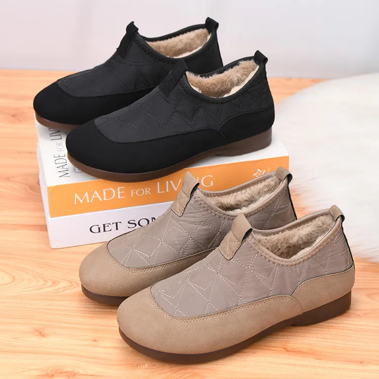 冬季女士加绒保暖棉鞋一脚蹬妈妈鞋防滑耐磨短靴软底软面雪地靴