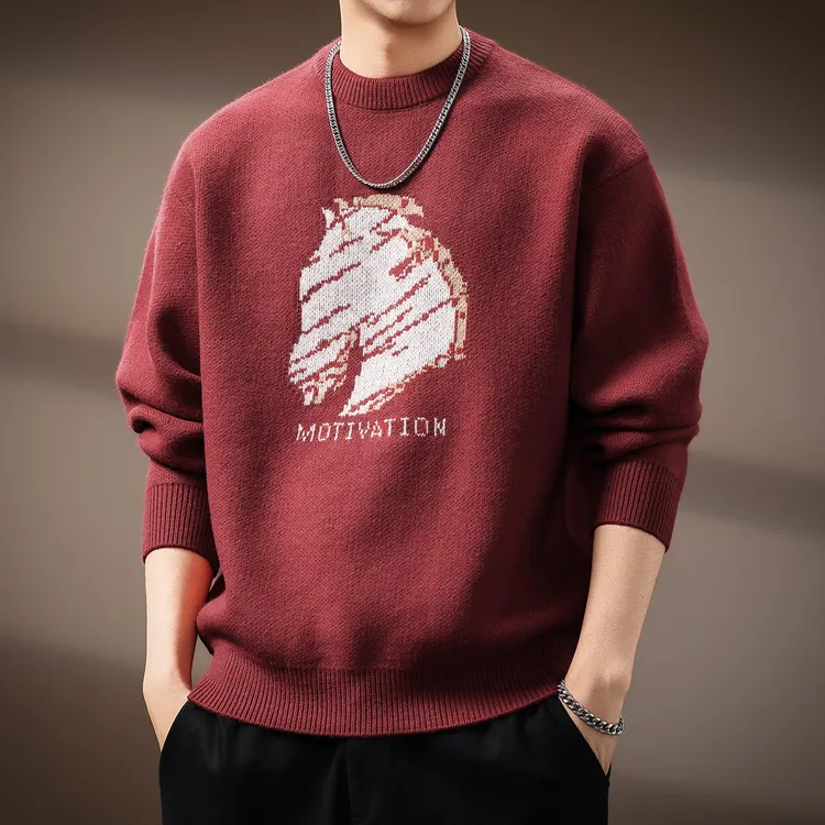 高端本命年骏马印花毛衣男士秋冬新款潮流内搭休闲圆领针织衫线衣