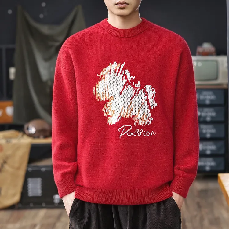 重磅厚款本命年红色小马提花毛衣男2026年新款宽松保暖圆领针织衫