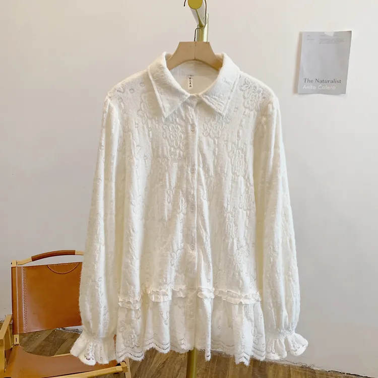 茶花梦Y4048加绒植绒提花木耳边全开扣翻领衬衫