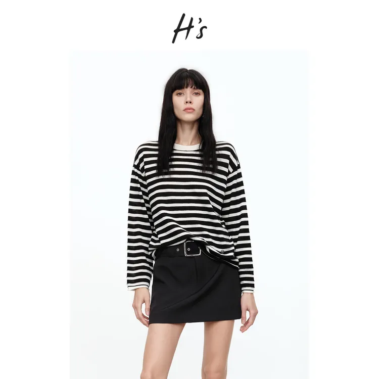 【秋上新】H'S绵羊毛针织衫女25秋新款圆领撞色条纹薄款毛衫上衣