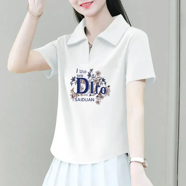 纯棉短袖翻领白色2025夏季新款女士上衣洋气印花不规则大码polo衫