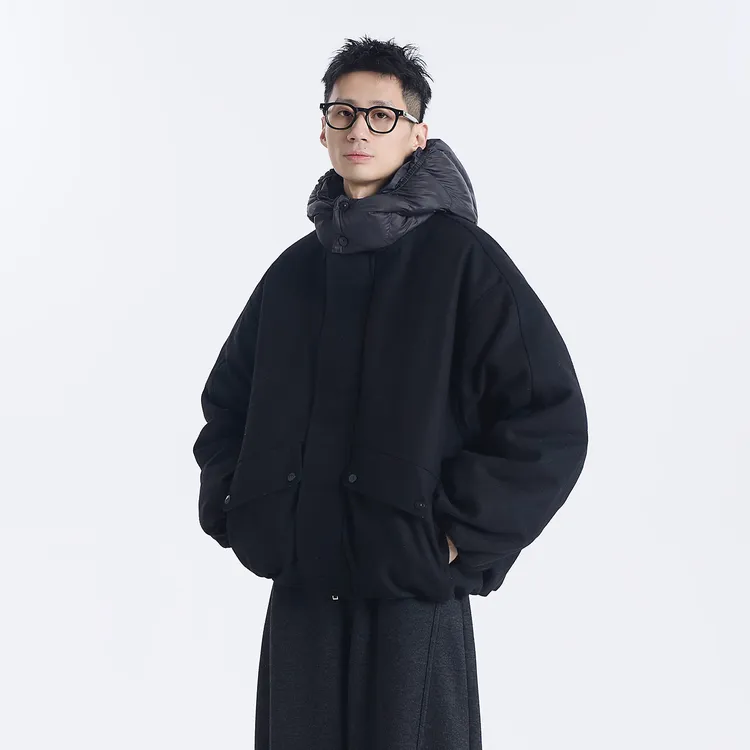 GCCDUPE77『柏林织造』冬季羊毛原纱混纺呢料拼接连帽90羽绒服