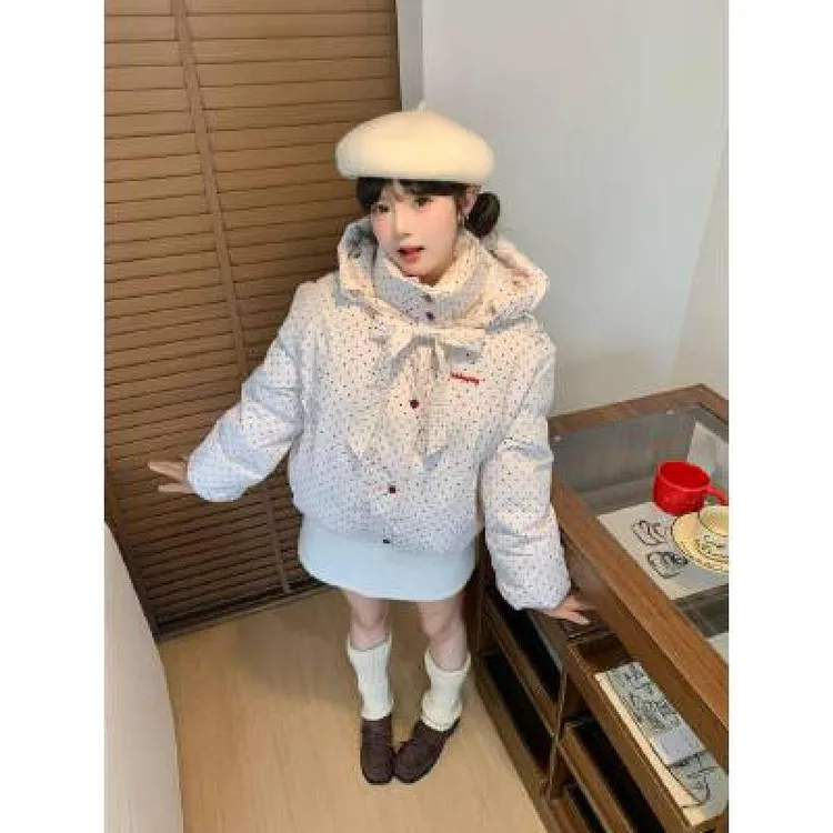 复古韩系学院风彩色波点连帽棉服外套女冬季新款加厚保暖面包服