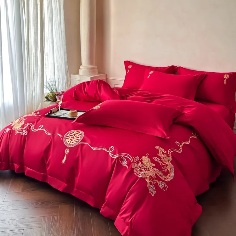 轻奢全棉婚庆四件套100%纯棉简约结婚婚房纯色磨毛绣花大红色喜被