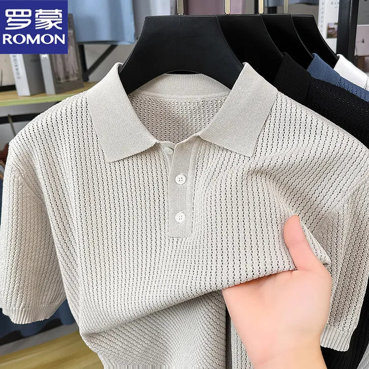 罗蒙夏季轻奢针织男士短袖T恤衫宽松透气时尚半袖百搭翻领POLO衫